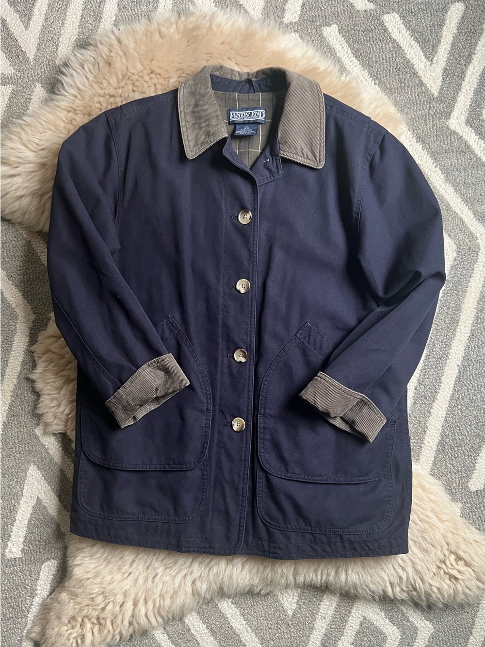 Lands End Navy Barn Coat with Corduroy Collar size small
